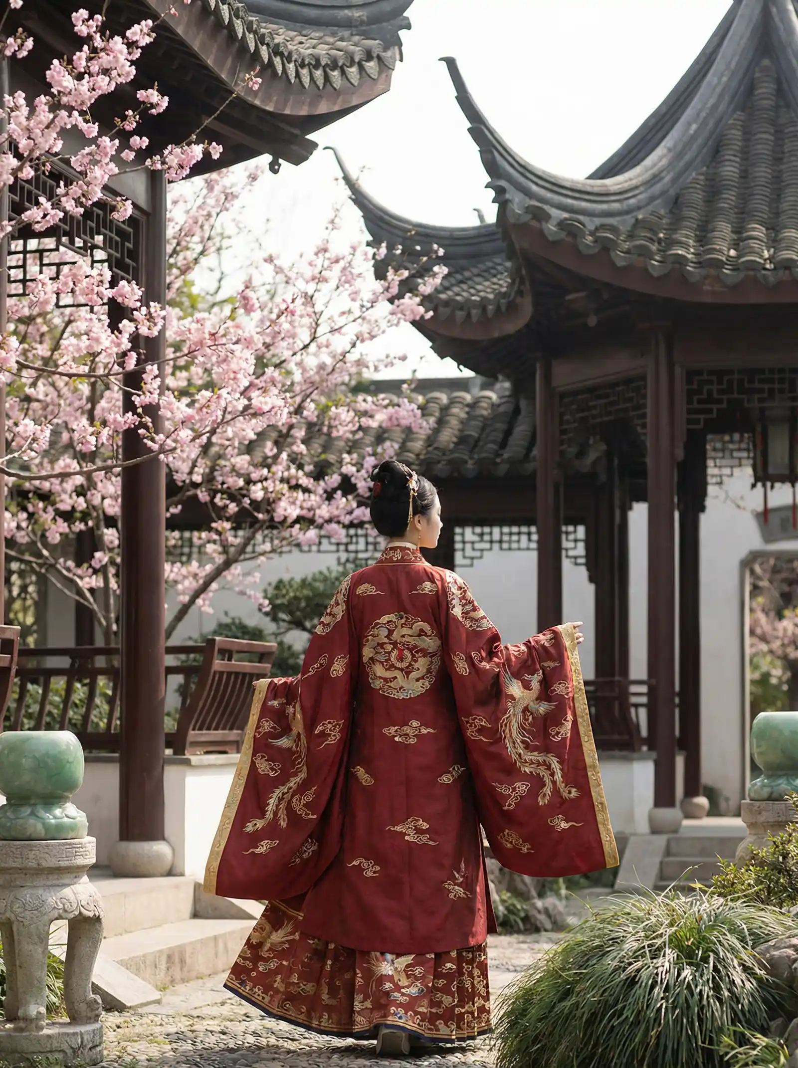 一手遮天 一手捶地 明制汉服红色凤凰刺绣